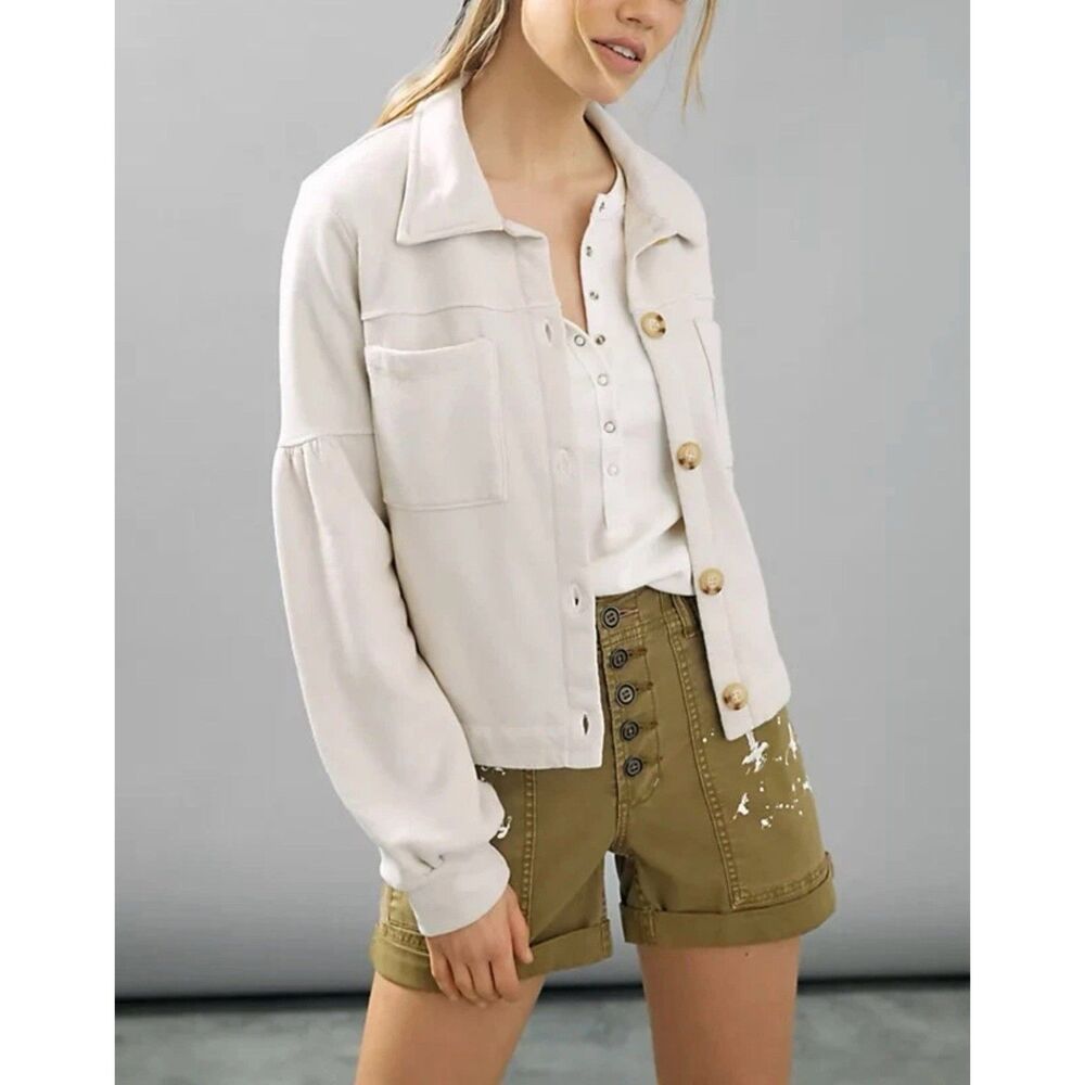 Anthropologie TLa Puff-Sleeve Jacket  Sweater Coat Sweatshirt Cream Size XS